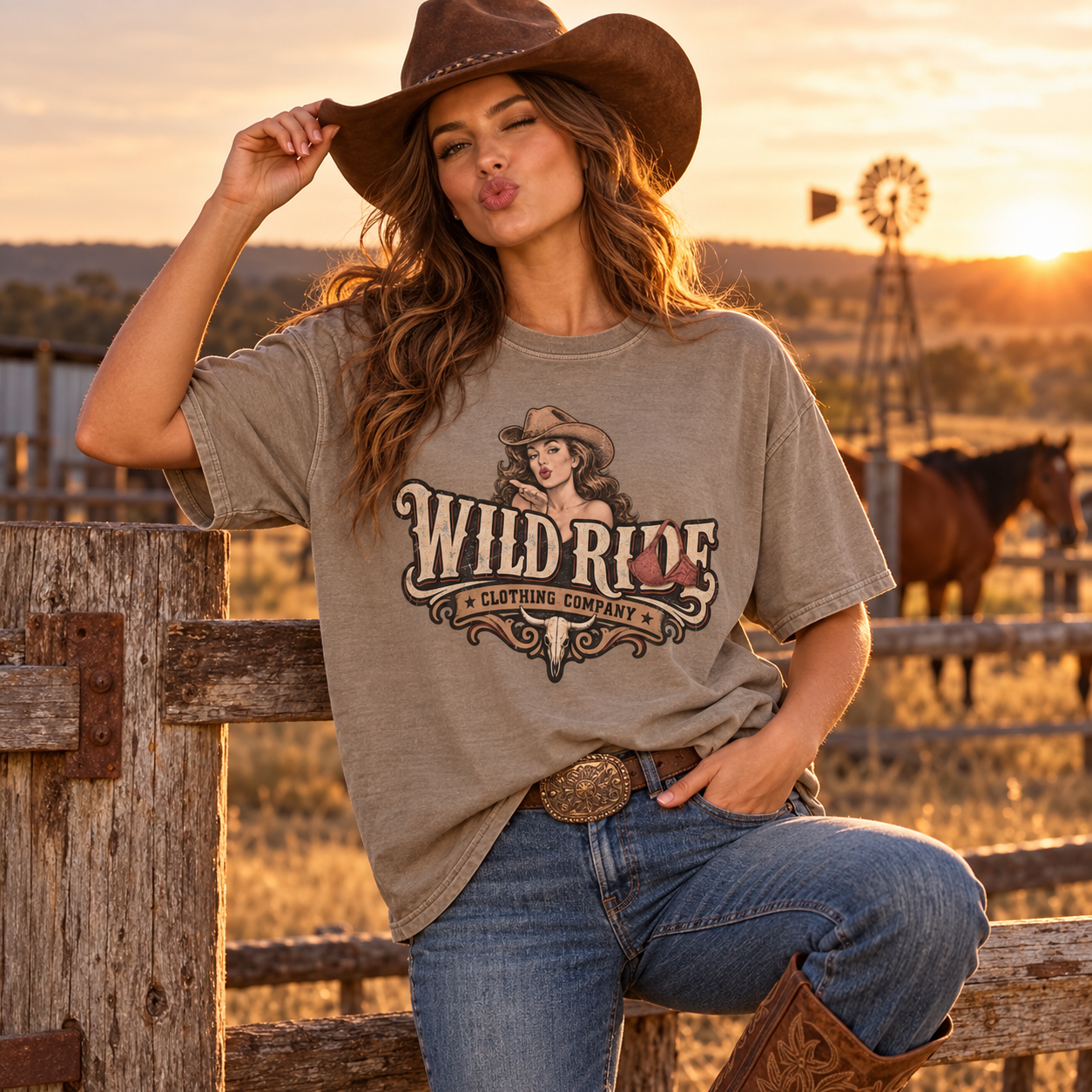 Cowgirl wearing the Wild Ride T-shirt
